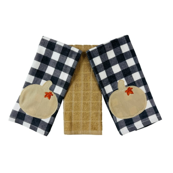 Serafina Home Farmhouse Fall Decor Kitchen Dish Towels Set: Two (2) Grey and White Check Pattern with Tan Pumpkin Applique
