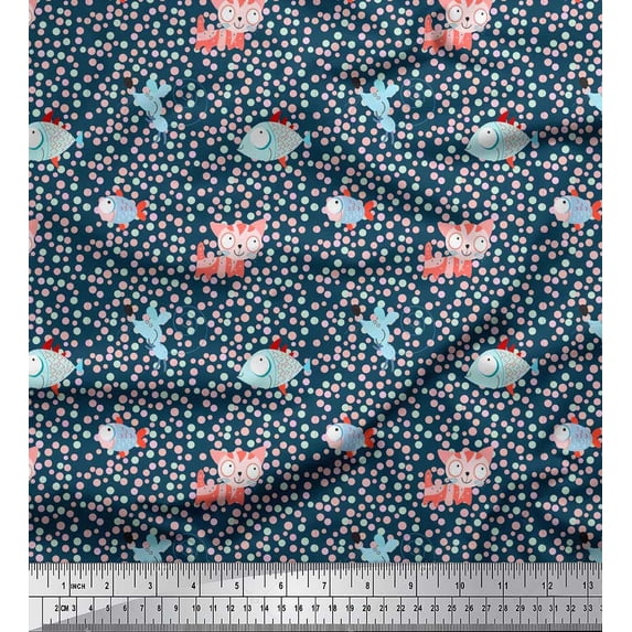 Soimoi Poly Georgette Fabric Dot,Fish & Cat Kids Printed Fabric 1 Yard 52 Inch Wide