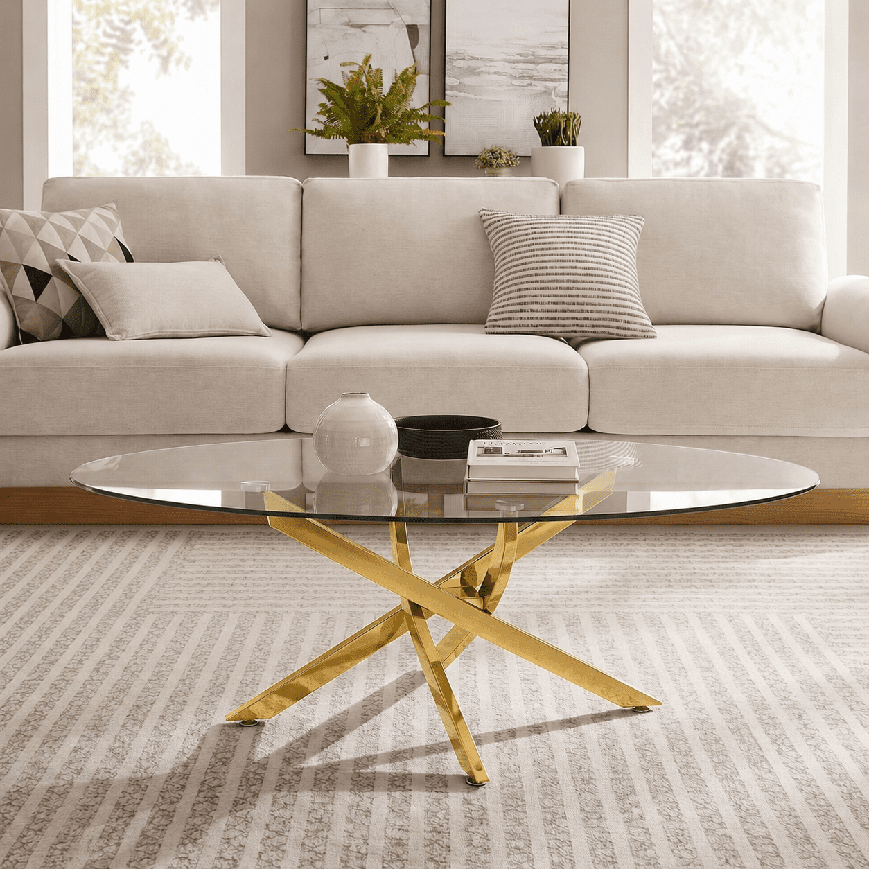 Oval Coffee Table with Tempered Glass Top and Gold Metal Legs, Modern Side Table and Tea Table for Living Room, 39.37 Inch, Gold