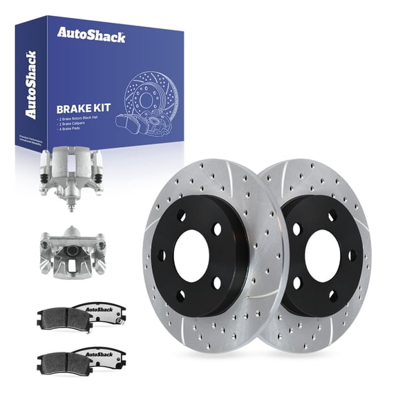 AutoShack Rear Solid Drilled & Slotted E-Coated Brake Rotors   Ceramic Pads   Calipers 8-PC Brake Kit Replacement for 2010 Chevrolet Impala ShadowGuard 10.63" (269.9 mm)
