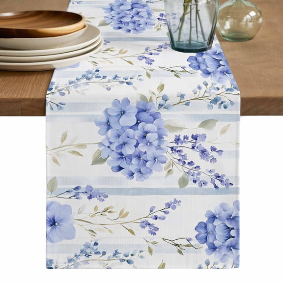 Purple Hydrangea Table Runner, Stripe Botanical Vintage Washable Cotton Linen Table Runners 36 Inches Long, Dresser Scarf Runner for Nightstand/End Tables/Round Tables 13''x36''