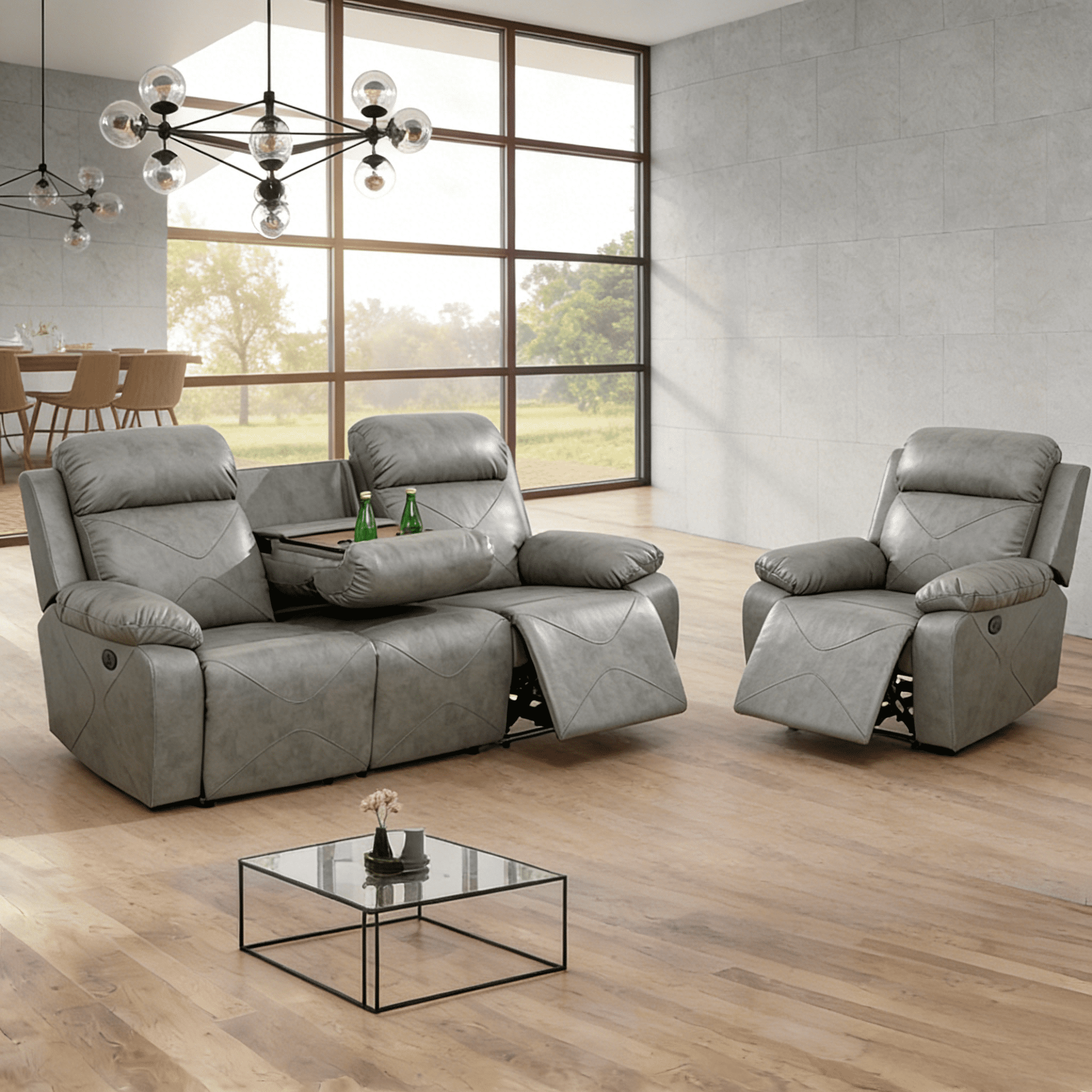 Gewnee 3-Seat Power Adjustable Sofa and Recliner with Console and Cup Holders, Air Leather and High-Elasticity Sponge, Adjustable Reclining Angle, Ideal for Living Room,Silver