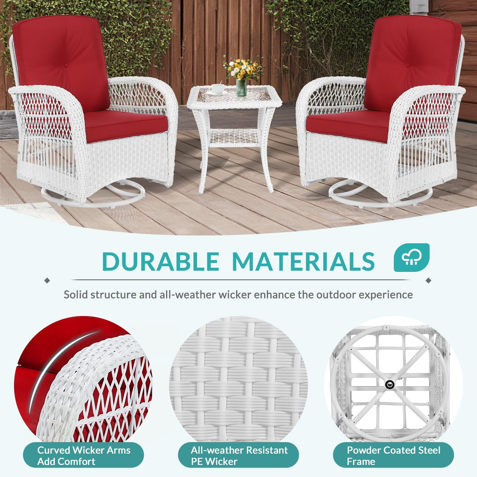 MEETWARM 3 Pieces Outdoor Wicker Swivel Rocker Patio Set, Rocking Chairs Rattan Patio Furniture Sets with Thickened Cushion and Glass-Top Coffee Table, Conversation Bistro Set, White Wicker/Red