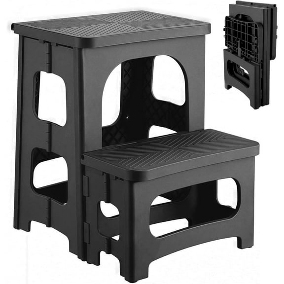 Foldable 2-Step Stool, Non slip Steps, Foldable Step Stool, Plastic Step Stool, Pool Ladder, Kitchen, Bathroom, Bedroom, Office, RV Folding Stool 2-Step Ladder, Capacity 330 Pounds, Black