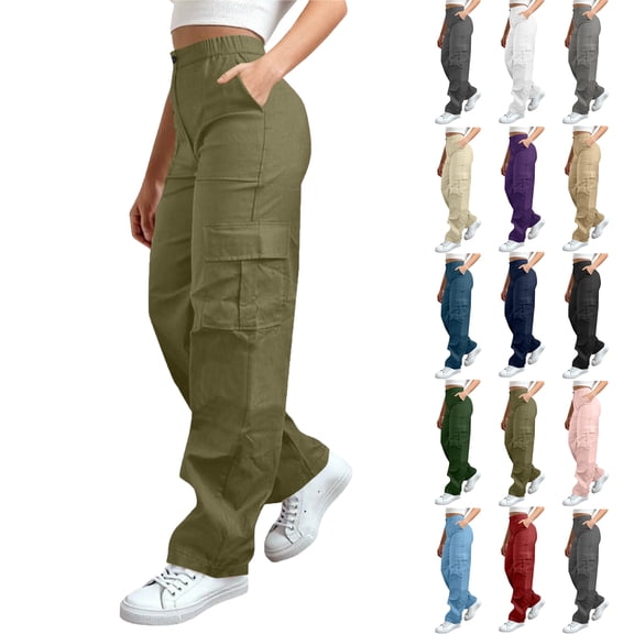 Bmawag Womens Trousers with Pockets Plus Size Leisure Sport Yoga Pants Elastic Waist Casual Loose Fit Solid Color Long Pants for Women