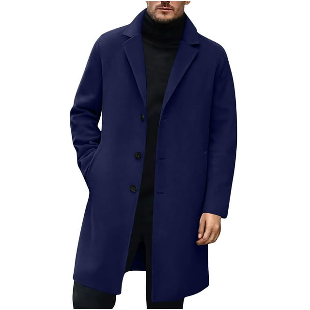 Mens Trench Coat Slim Fit Notched Collar Fall Winter Single Breasted Pea Coat Warm Soft Wool Blend Overcoat