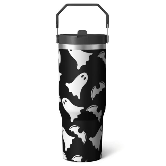 30oz Insulated Stainless Steel Tumbler for Halloween - Flip Straw, Top Handle, Keeps Drinks Hot/Cold 12H, Goth Ghost Design Holiday Gift