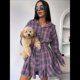 thumbnail image 5 of Conjunto de 2 Piezas de Cuadros para Mujer, Blusa de Larga con Falda, Cintura Alta, Informal, para Otoño e Invierno Púrpura S, 5 of 10