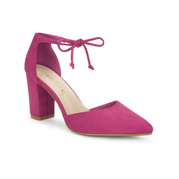 Allegra K Women Ankle Tie Chunky Heel Pointed Toe Dress Pumps Hot Pink (Size 9)
