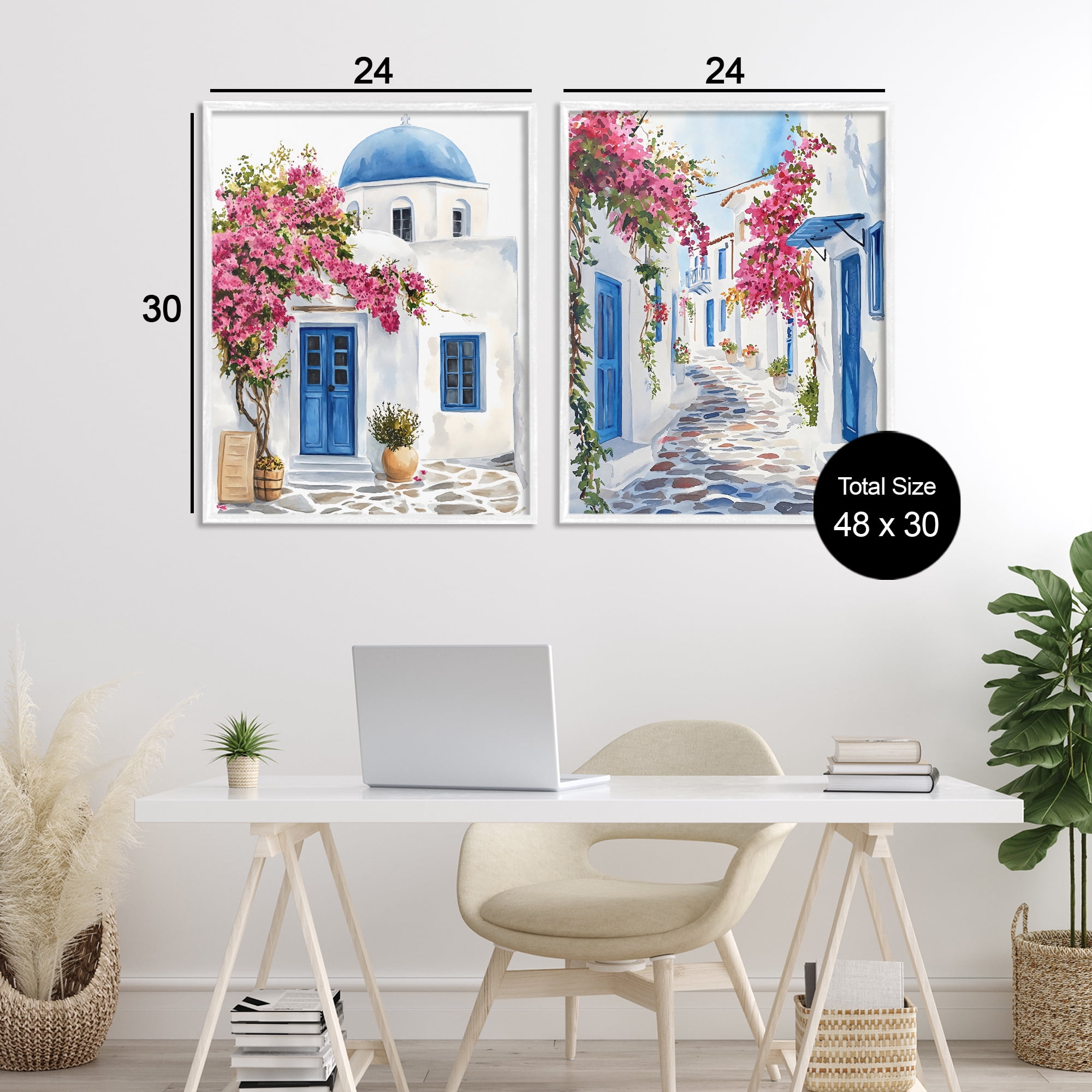 Stupell Industries Santorini House with Pink Tree 2 Piece White Framed Giclee Art Set, design by LSR Design Studio
