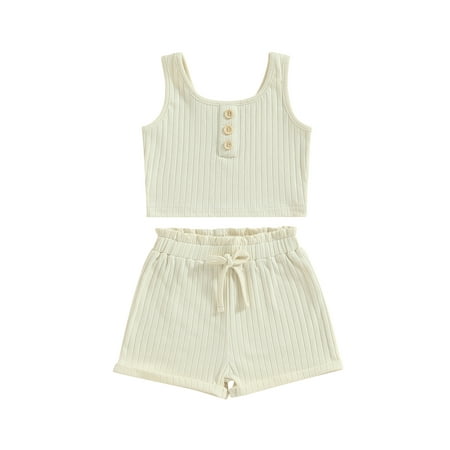 

Tregren Baby Girl Summer Clothes Kids Sleeveless Ribbed Vest T Shirt Top Rolled Shorts 2PCS Sets Toddler Casual Outfits