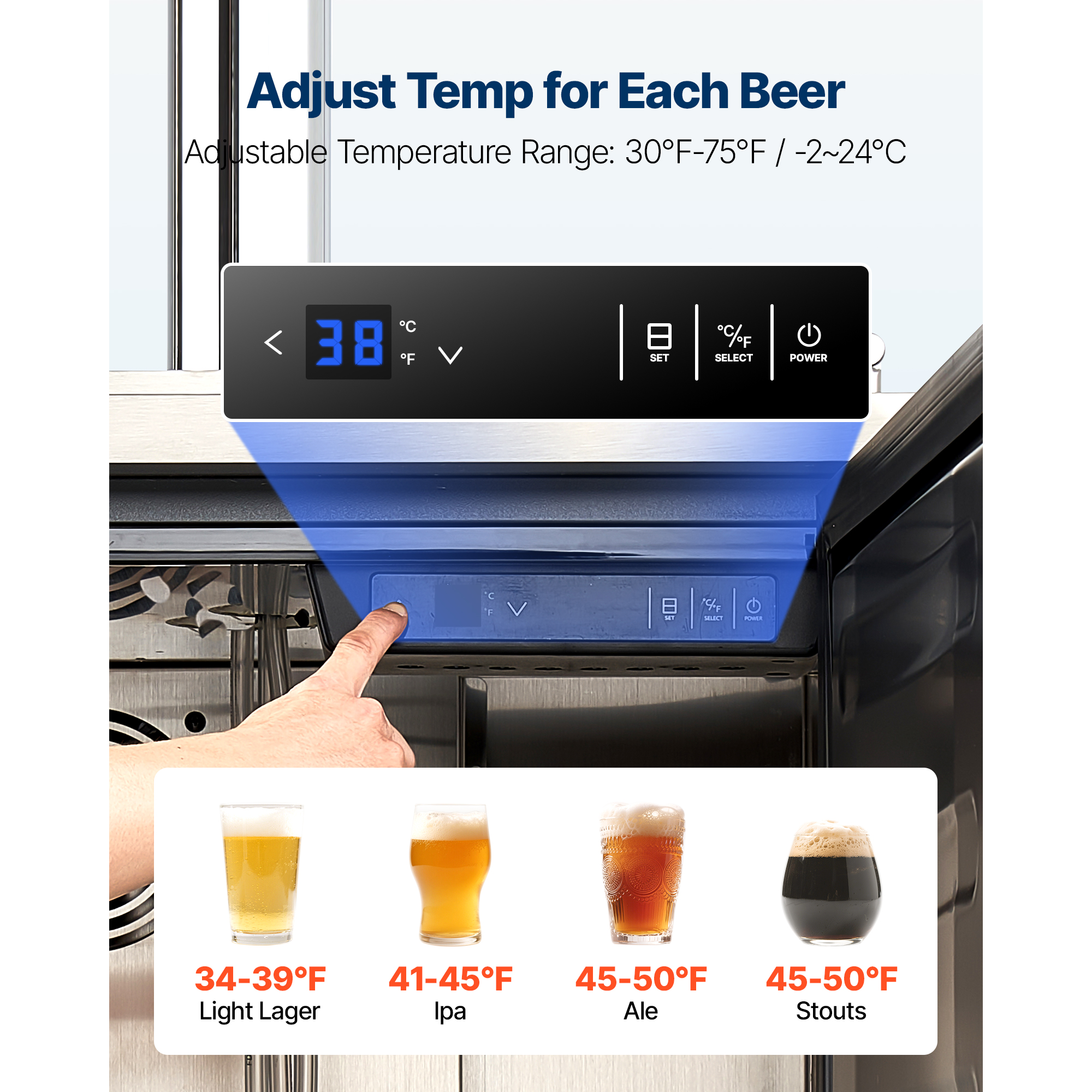 KFFKFF Triple Tap Beer Kegerator, Commercial Draft Dispenser for D System, Full-Size Keg Refrigerator with 5lbs CO2 Tank, Fits 3 Sixth / 2 Slim / 3 Ball Lock Kegs, 160L Capacity