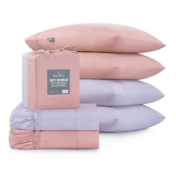 Sábanas 2 Juegos de Microfibra Suaves y Frescas, Real Textil (Rosa y Violeta, King Size)