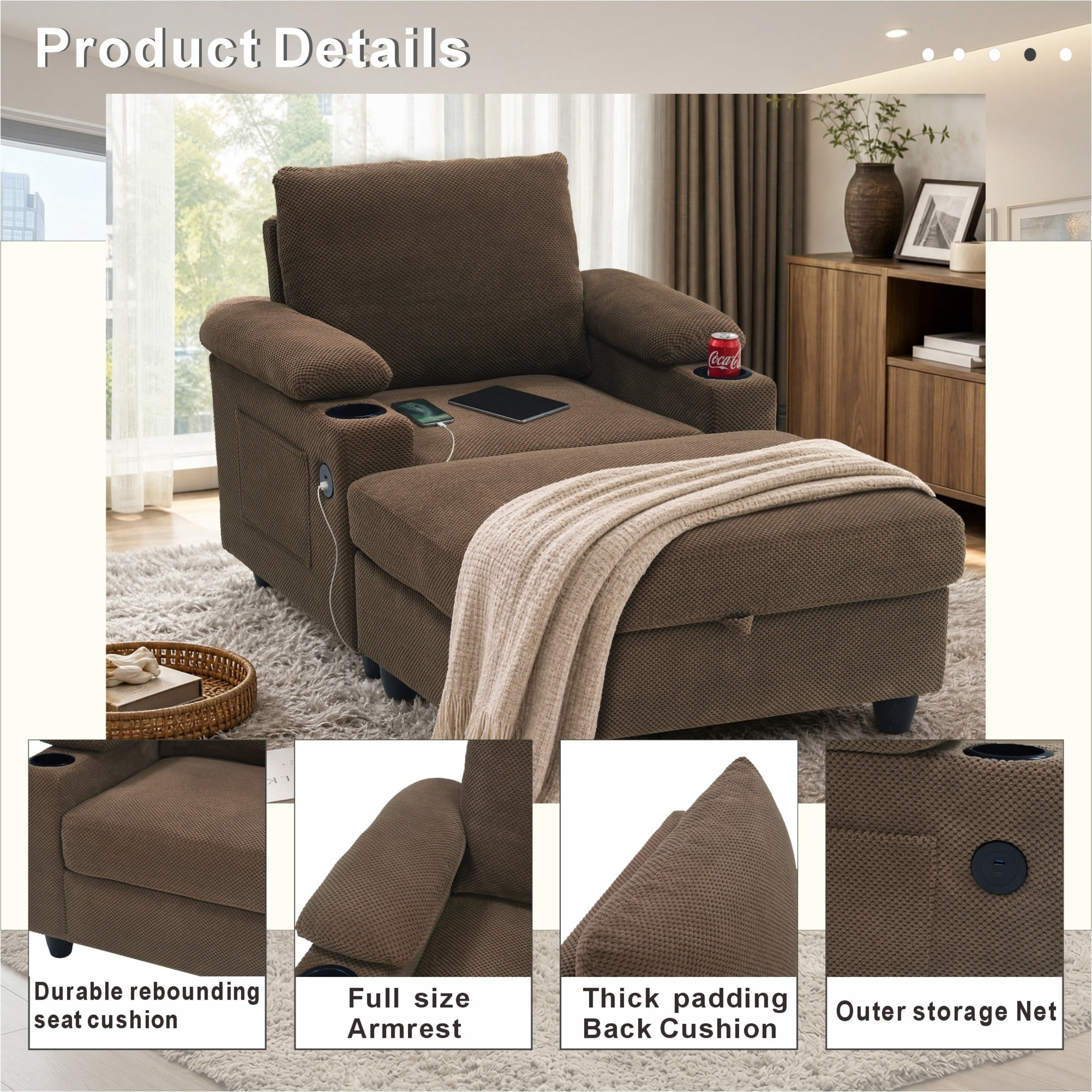GDF Studio Abriel Accent Chair with Storage Ottoman, USB Ports & Cup Holders, Versatile Chaise Lounge, Coffee