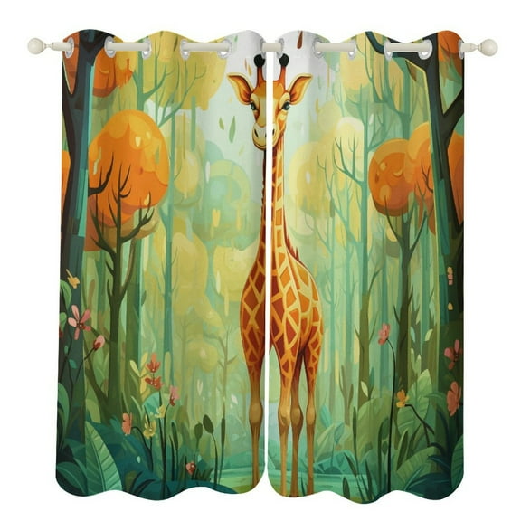 Cartoon Giraffe Forest Window Curtains for Bedroom Colorful Printed Window Drapes Blackout Thermal Insulated Grommet Window Treatment 2 Panels Set