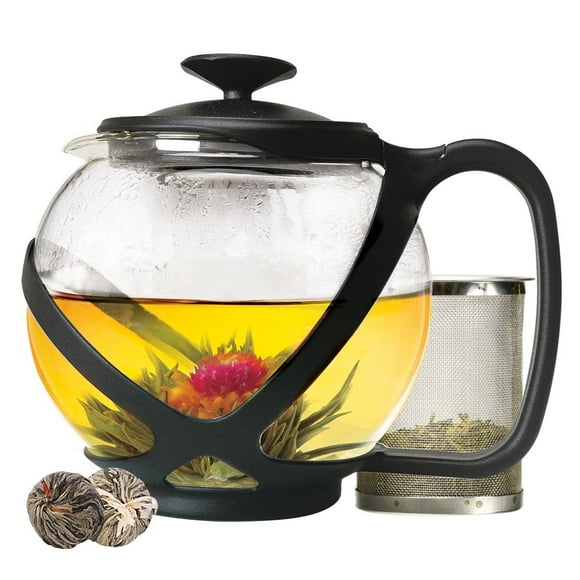 Tetera Primula Tempo Glass 1.2 L con 2 tés en flor, color negro