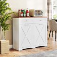 thumbnail image 2 of XgoodX Tilt Out Trash Can Cabinet, Kitchen Island with 2 Drawers & Adjustable Shelves, Barn Door, Countertop Charge Station, Hidden Garbage Bin Cabinet for Kitchen, Laundry Room (White & Walnut), 2 of 11