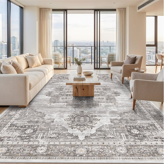 Living Room 10x14 Area Rugs - Washable Lightweight Area Rug Stain Resistant Carpet Vintage Soft Rugs for Bedroom with Non Slip Backing Indoor Ultra-Thin Rugs Home Decor 10x14 Grey