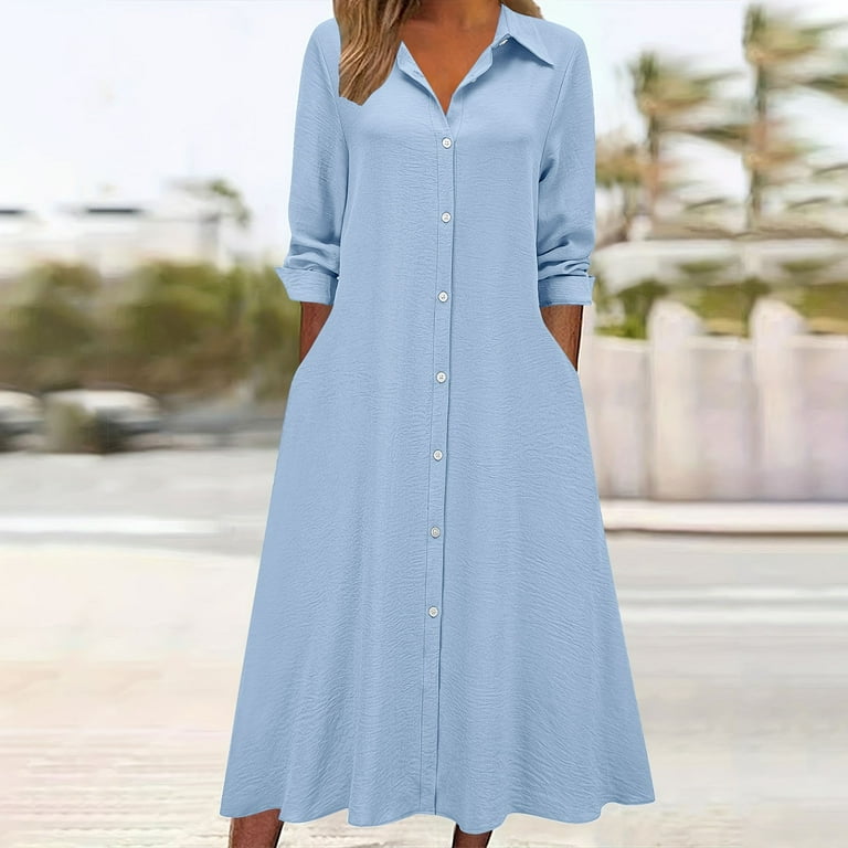 Vetsdori Womens Long Sleeve Midi Dresses Cotton and Linen Dresses Collared  Red Gowns Shirt Dress,Lightweight Dress for Junior Solid Color