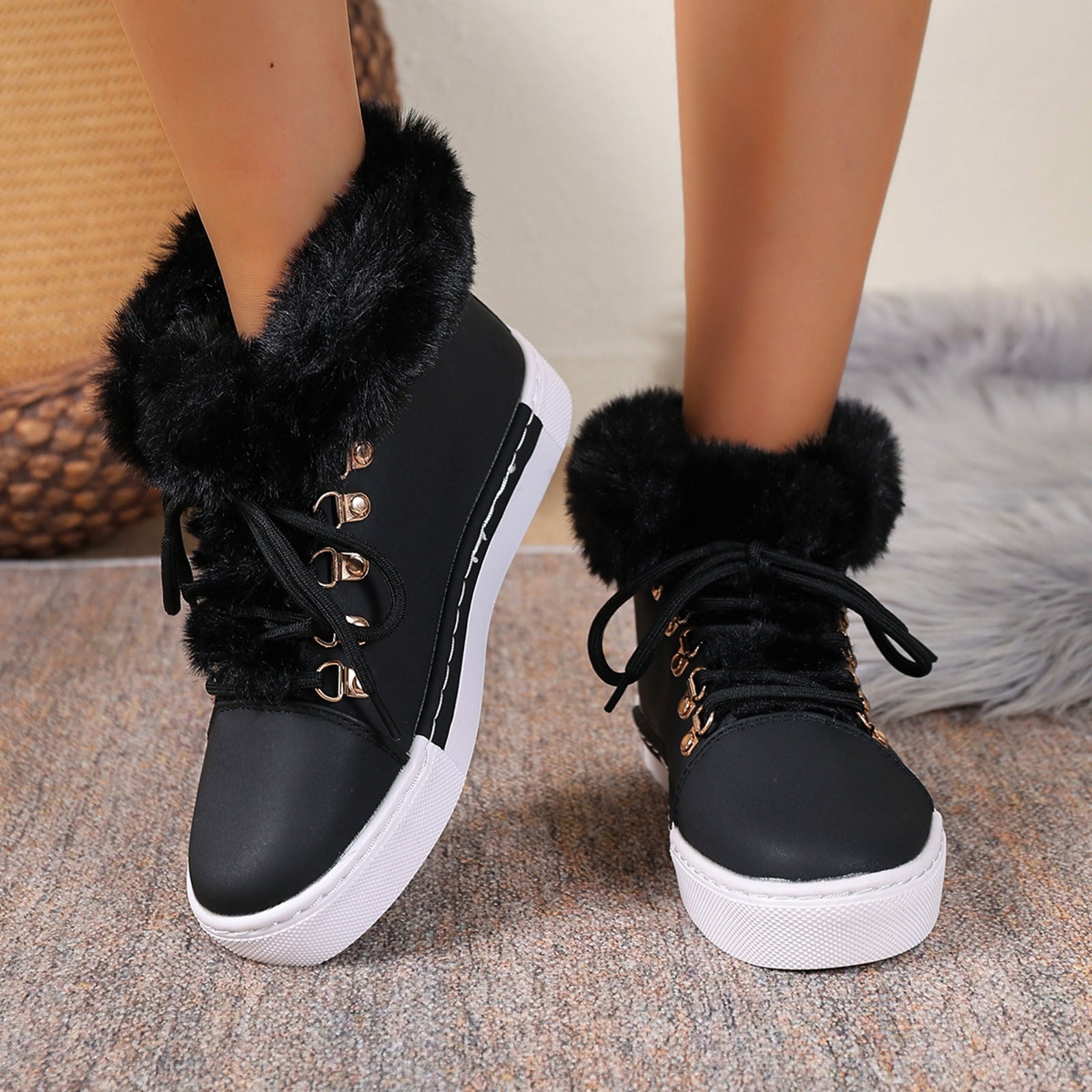 Dasayo Ankle Booties for Women Black Hiking Furry Lace up Faux Leather Flat Heel Winter Shoes Womans Shoes 40