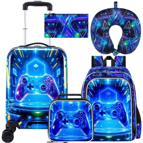 5PCS Boys Luggage Set, Airline-Approved Carry-On with 360° Spinner Wheels, Cute Travel Suitcase for Kids & Toddlers - Futuristic Game Blue