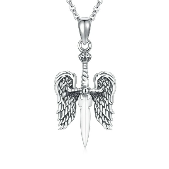 AOVEAO Necklace for Women Men Sterling Silver Sword with Angel Wings Pendant Necklaces for Jewelry Gift, 18’’ 2 Extender Chain