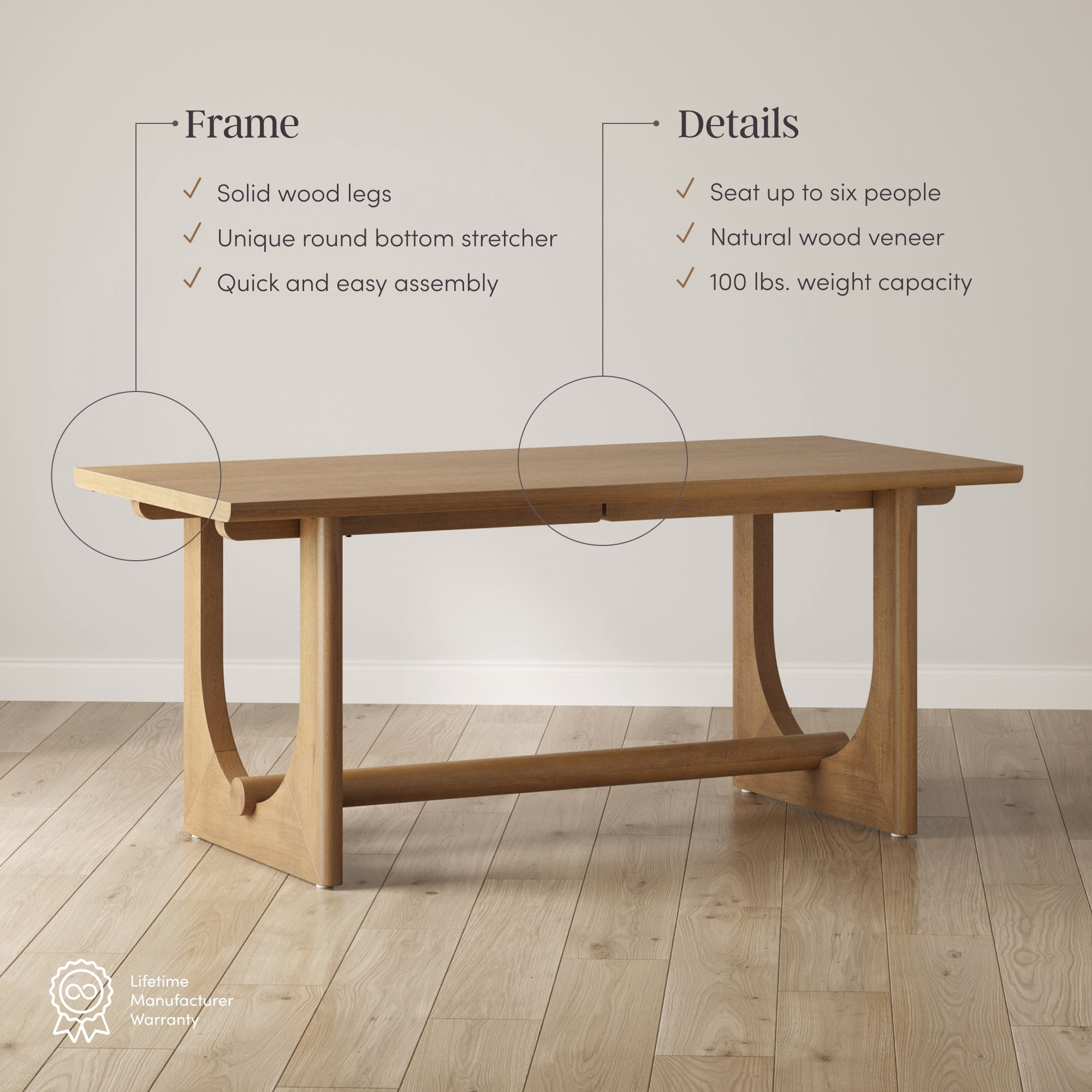 Nathan James Solace Mid Century Modern Dining Table for 6, Rectangular Dining Table with Solid Wood U-Shaped Legs, Light Brown