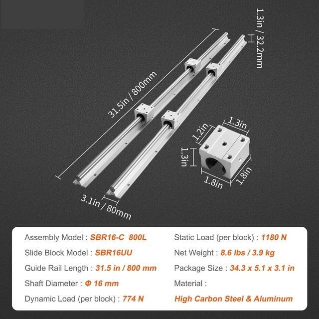 2PCS Linear Guide Rails SBR12 SBR16 SBR20 SBR25 800-2200mm & 4PCS UU Bearing Blocks Smooth Motion For DIY Mills CNC Parts ,Long Lasting