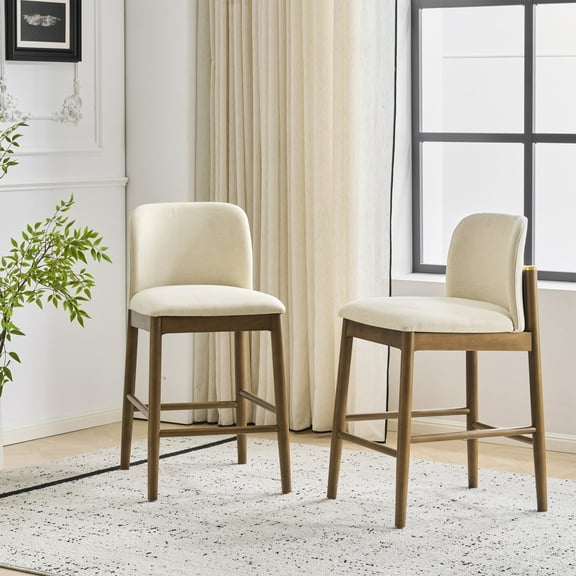 Christopher Knight Home Upholstered Wooden Counter Stools, Walnut Frame   Beige Seat, Set of 2