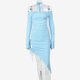 thumbnail image 3 of Vestido De Manga Larga Vestido ajustado para damas Flor 3D Cordón Cuello oblicuo Color sólido Traje de vacaciones Ygjytge Azul M para Mujer, 3 of 9