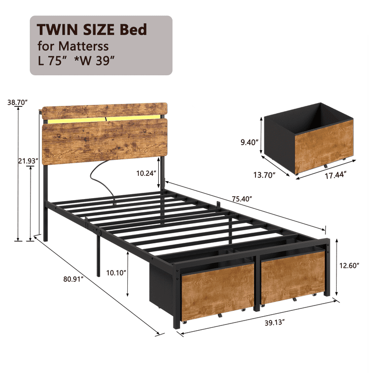 Satifur Twin Bed, Storage Drawers & LED Charging photo 6