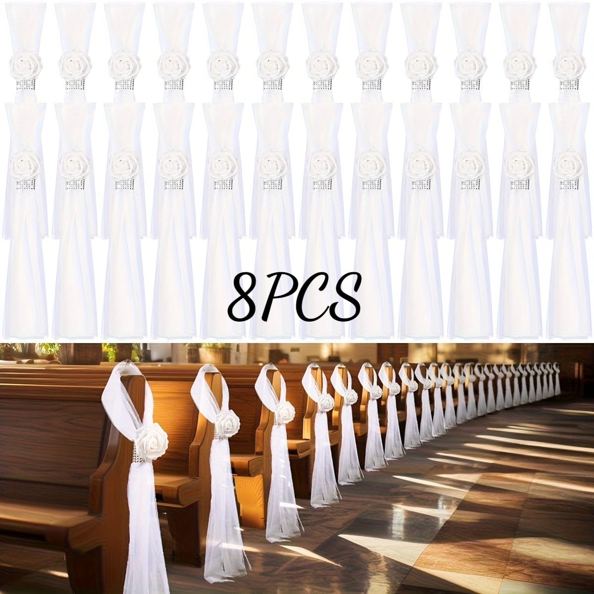 Wedding Aisle Decorations for Ceremony Set of 8,Wedding Chair Pew Flowers Church Decorations with Artificial White Roses Flowers Rhinestone for Weddings Party Bench Pew Aisle Decor