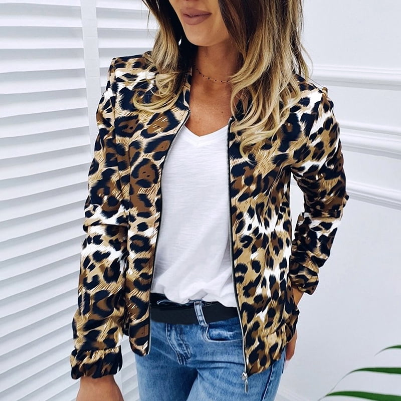Anself Women Leopard Print Bomber Jacket Long Sleeves Zipper Front