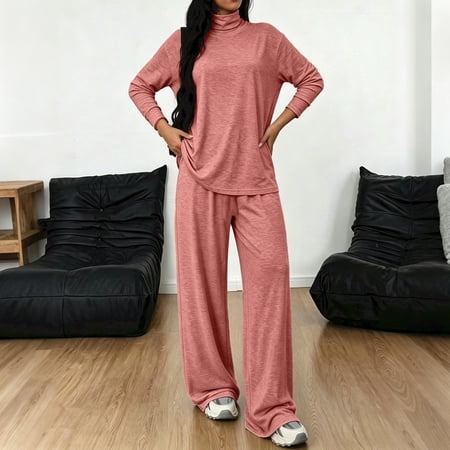 Huowey Womens Fall Loungewear Outfits 2 Piece Set High Neck Tops And Pants Long Sleeve Trendy Airport Clothes Watermelon Red S