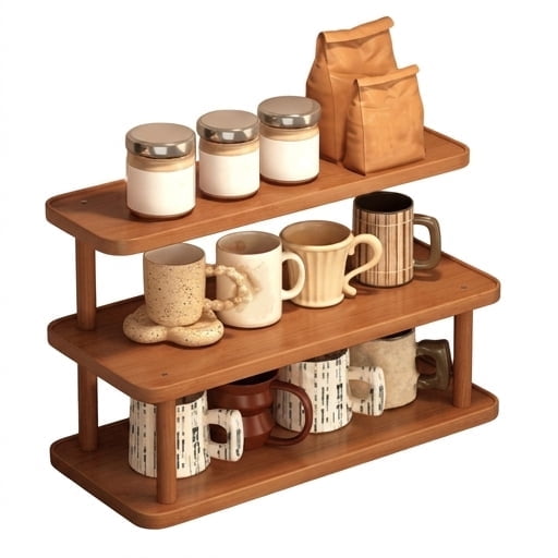 Coffee Mug Tree, Wooden Mug Holder Countertop, Kitchen Counter Shelf for Tea Coffee Bar Accessories, Matcha Stand, Cup Display,3 *Tier
