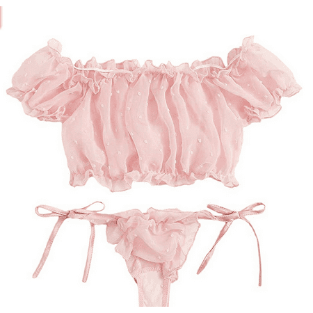 

LSFYSZD Womens Bra and Tong Lingerie Set Two Piece Tie Ruffle Trim Dobby Mesh Homewear