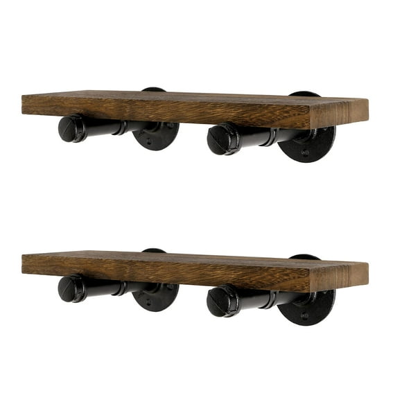 Home TZH Wall Mounted Floating Shelves, Floating Shelves with Industrial Pipe Brackets Set of 2 Rustic Wood Storage Shelf for Bedroom Living Room Bathroom Kitchen Office and More (2, Brown)