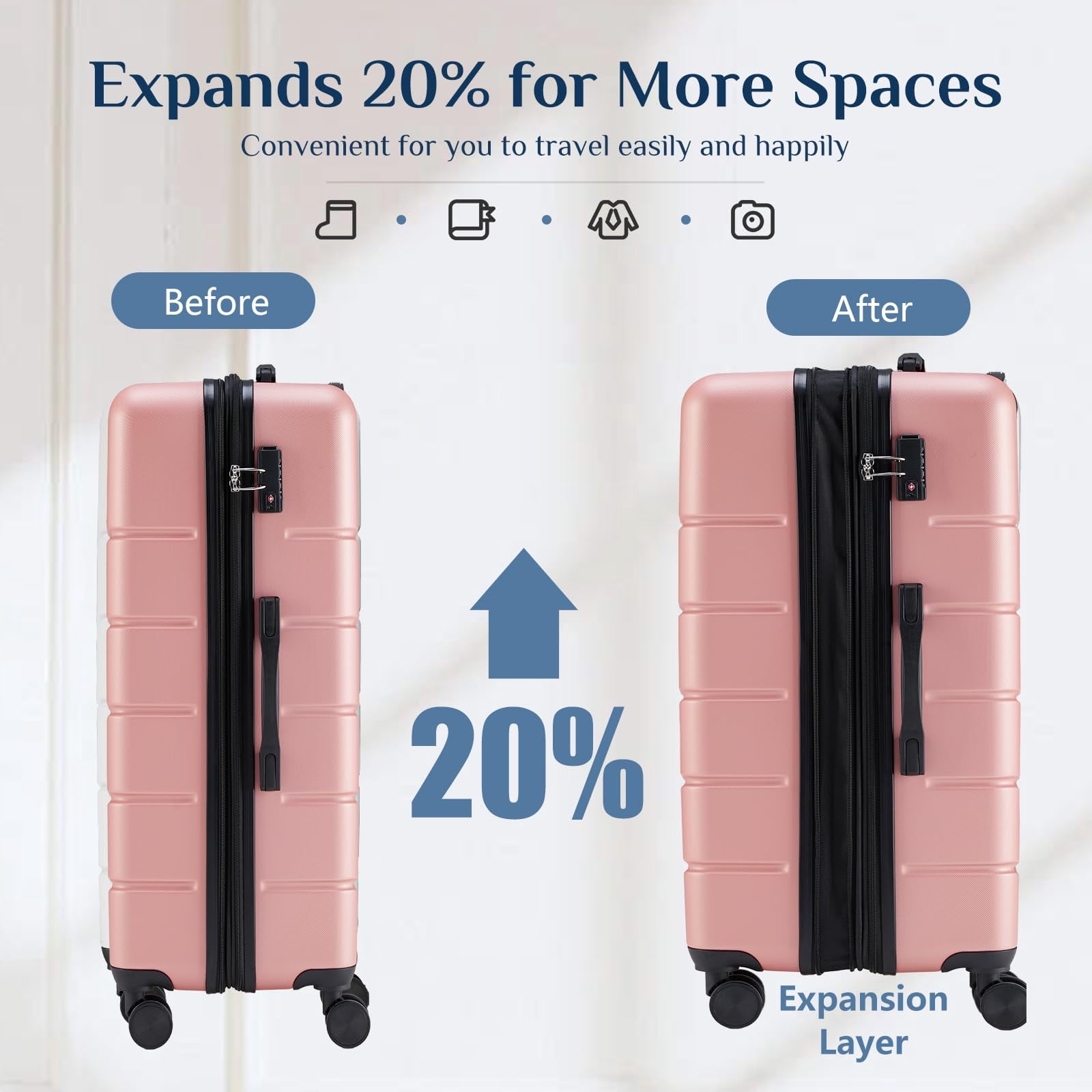 Kelno 3-Piece Hardside Luggage Set 20/24/28Inch ABS Suitcase Set with Double Spinner Wheels TSA Lock Lightweight Rolling Luggage, Pink