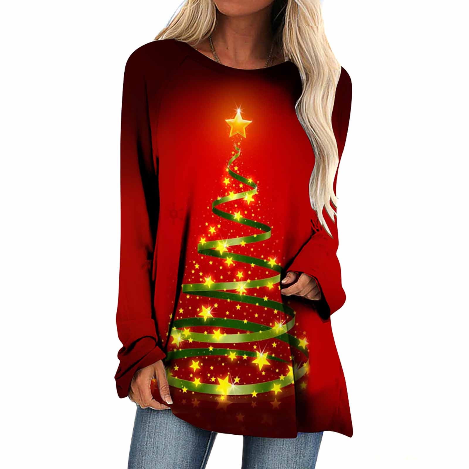 Fesfesfes Ugly Xmas Sweater Women's Christmas Print Loose Top Crew Neck ...