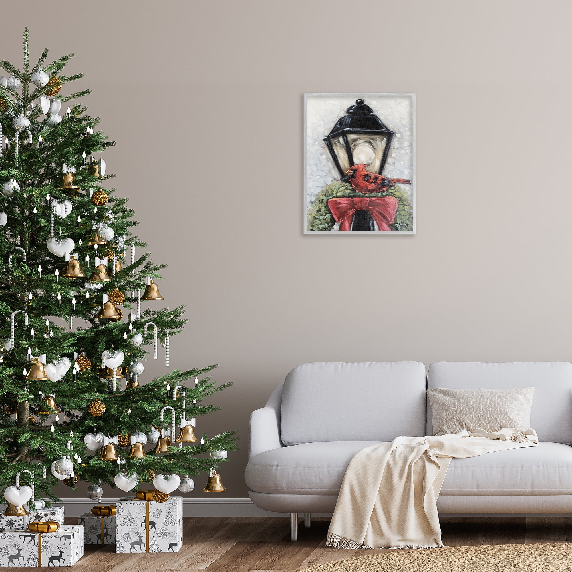 Stupell Industries Cardinal & Holiday Lamp Holiday Painting Gray Framed Art Print Wall Art, 24 x 30