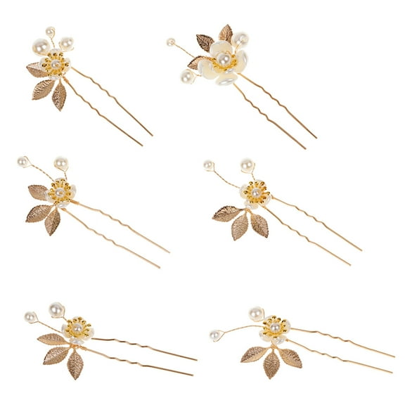 LULULION 6Pcs U Shaped Hair Clip Wedding Hairpin Set Golden Hair Accessory for Women with Floral Design