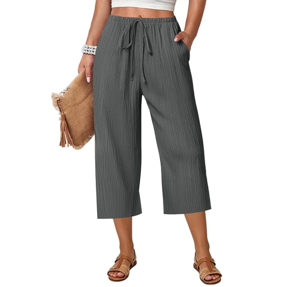 VV AVEORS Capri Pants For Women Wide Leg Summer Capris Pant Palazzo Loose Fit Casual Flowy Cotton Linen Trousers With Pockets Trendy Gray L