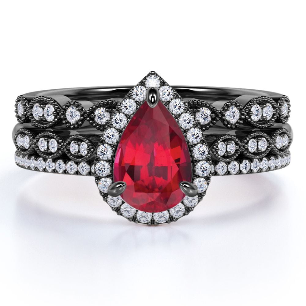 JeenMata 1.75 Carat Teardrop Vintage Simulated Ruby Trio Set in 18k Black Gold over Silver