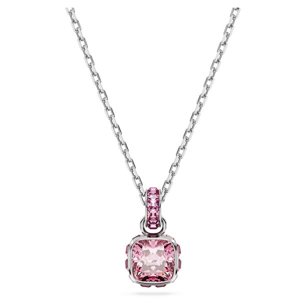 Collar Swarovski con piedra natal de octubre, piedra rosa de talla cuadrada