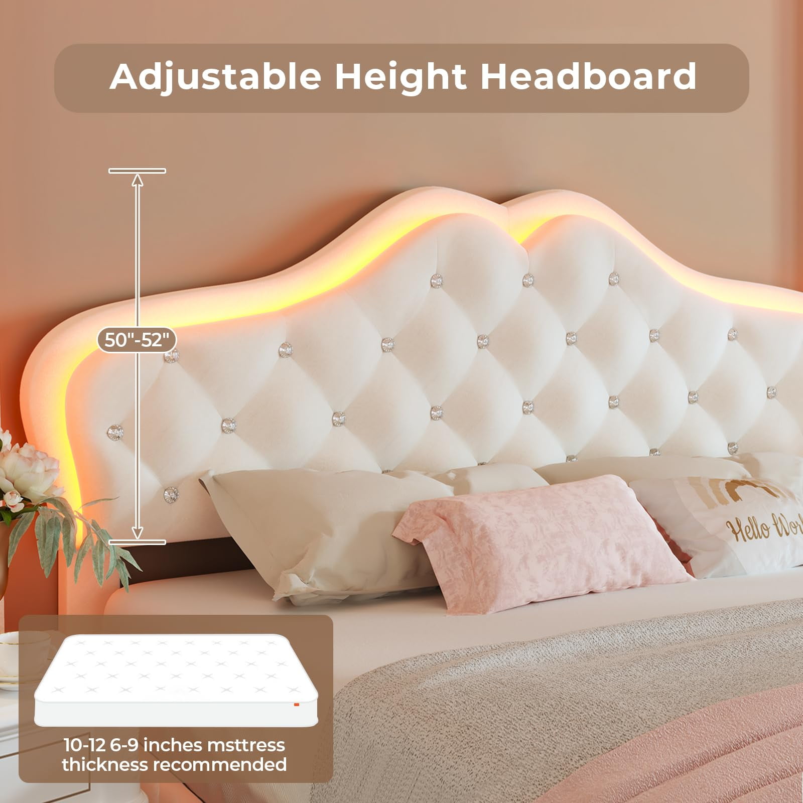 Afuhokles Full Size Bed Frame with LED Lights, Upholstered Platform Bed, White