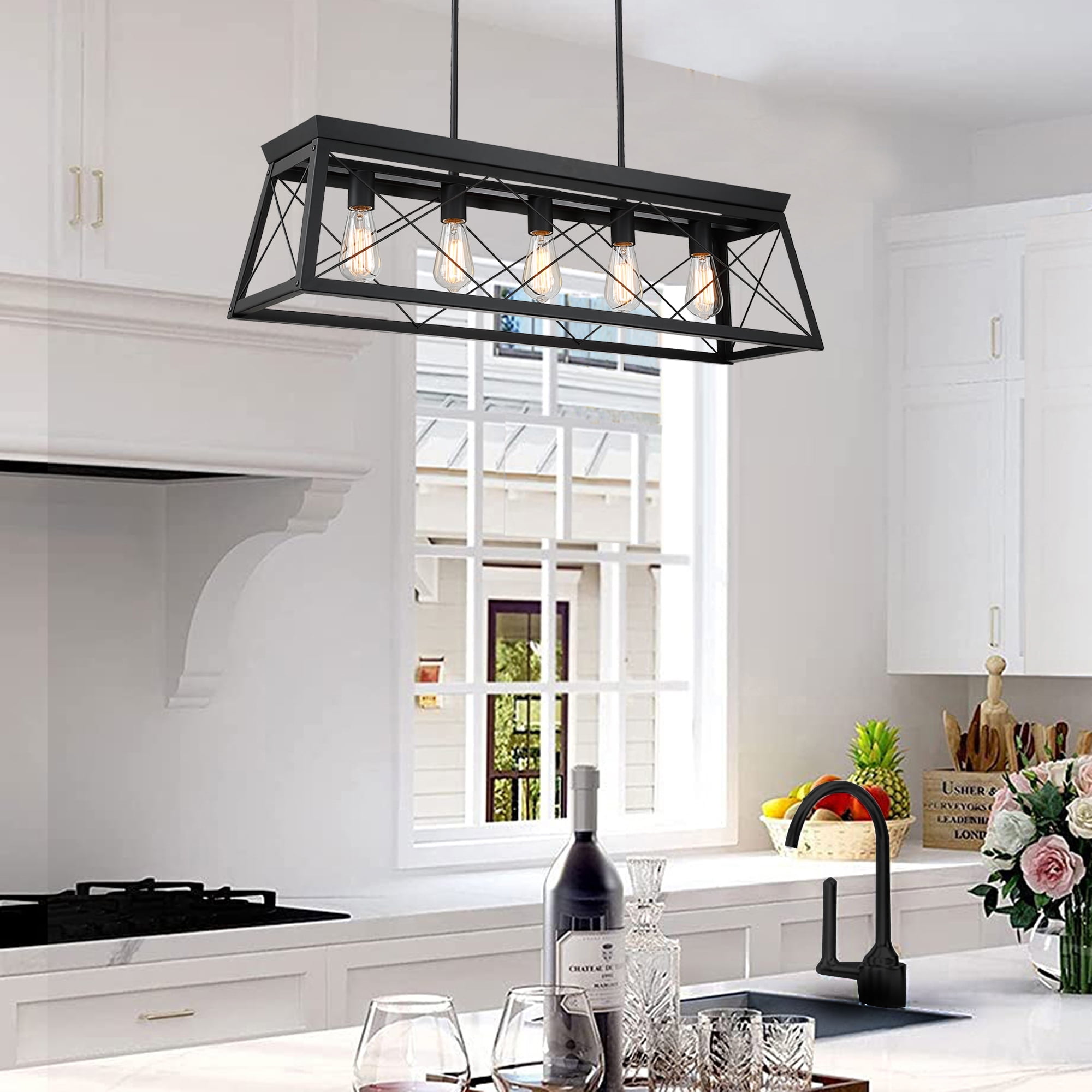 5-Light Farmhouse Matte Black Chandelier Industrial Pendant Lighting for Kitchen Island for Dining Room, Living Room