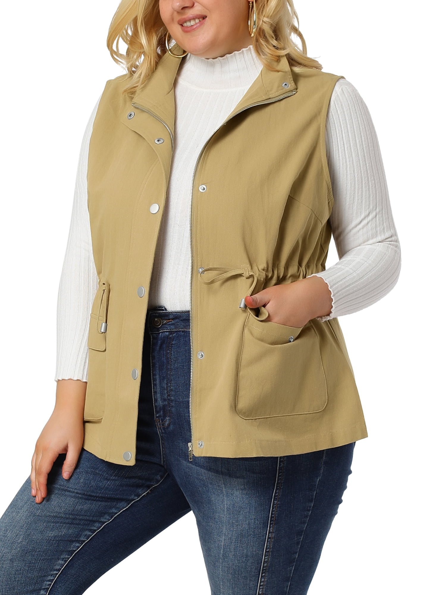DARING DIVA Women's Plus Size Lightweight Sleeveless Anorak Cargo Vest 1X Khaki