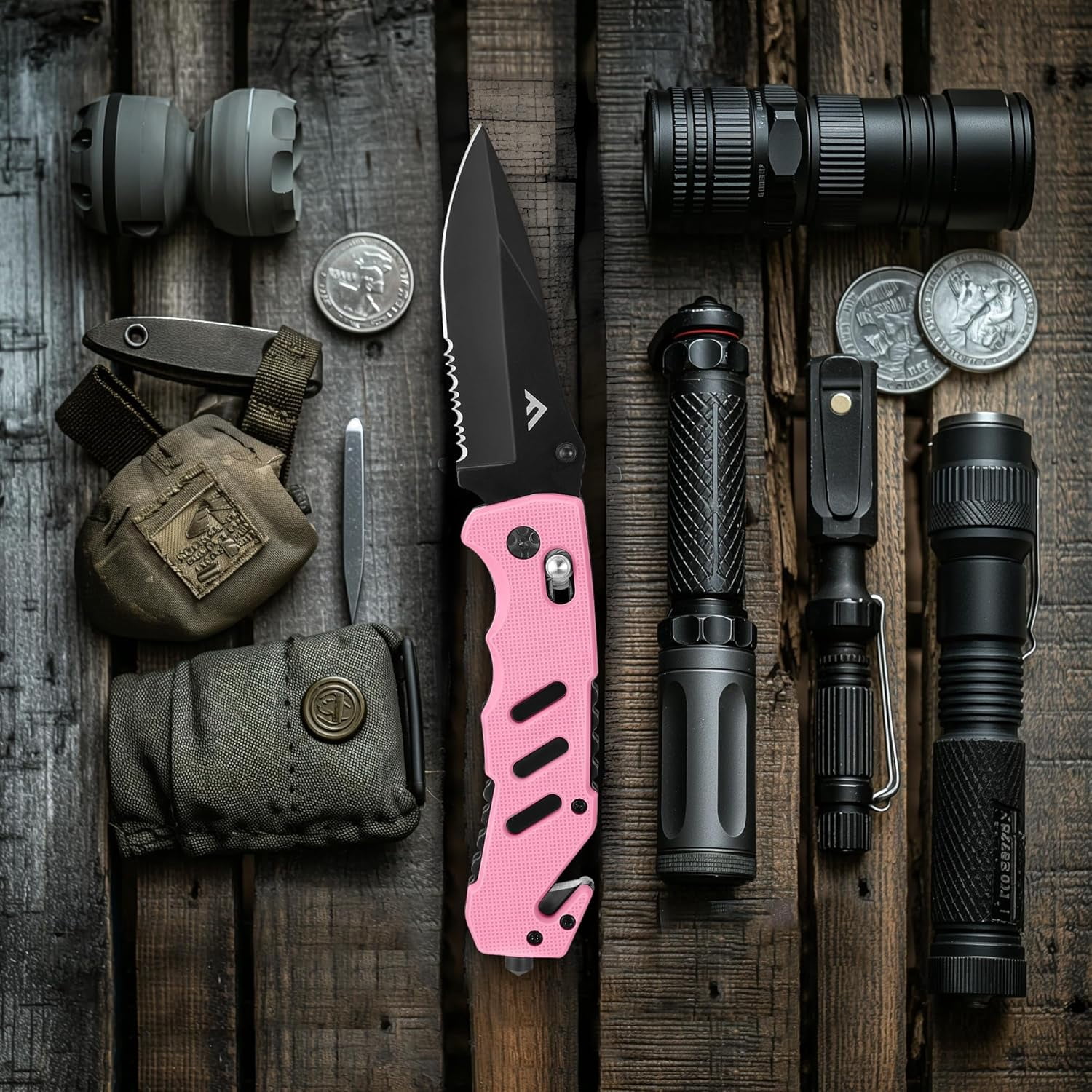 Folding Pocket Knife with Clip, Glass Breaker and Seatbelt Cutter, Survival for Emergency Rescue Situations, EDC Tactical, Hunting, Camping, Outdoor, Unique Gifts Dad, Father-Pink
