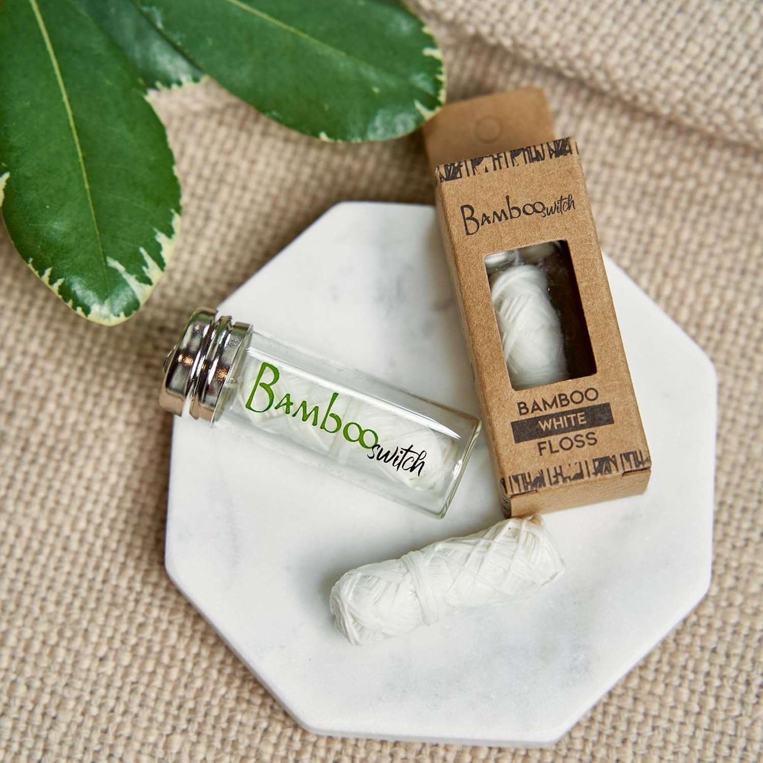 Bamboo White Dental Floss Kit (5 Spools + Glass Jar), Eco-Friendly, Mint Bamboo Fiber, Vegan, Plastic-Free