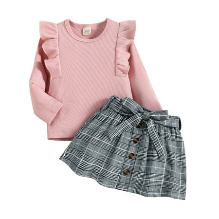 

Sunisery Kids Baby Girls Fall Outfits Solid Color Ribbed Long Sleeve T-Shirt Plaid Belted Skirt Clothes Set